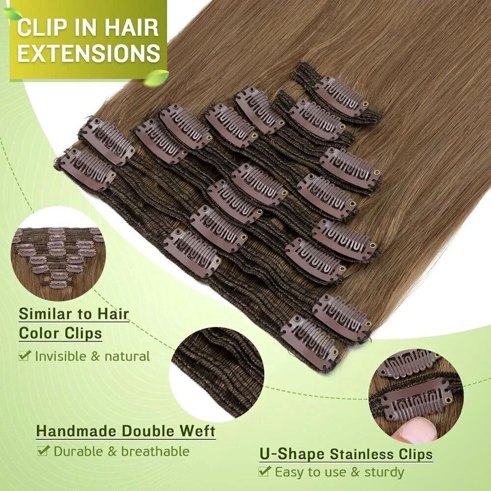 160g Double Weft Clip in 100% Remy Human Hair Extensions Light Brown Grade 7A Qu